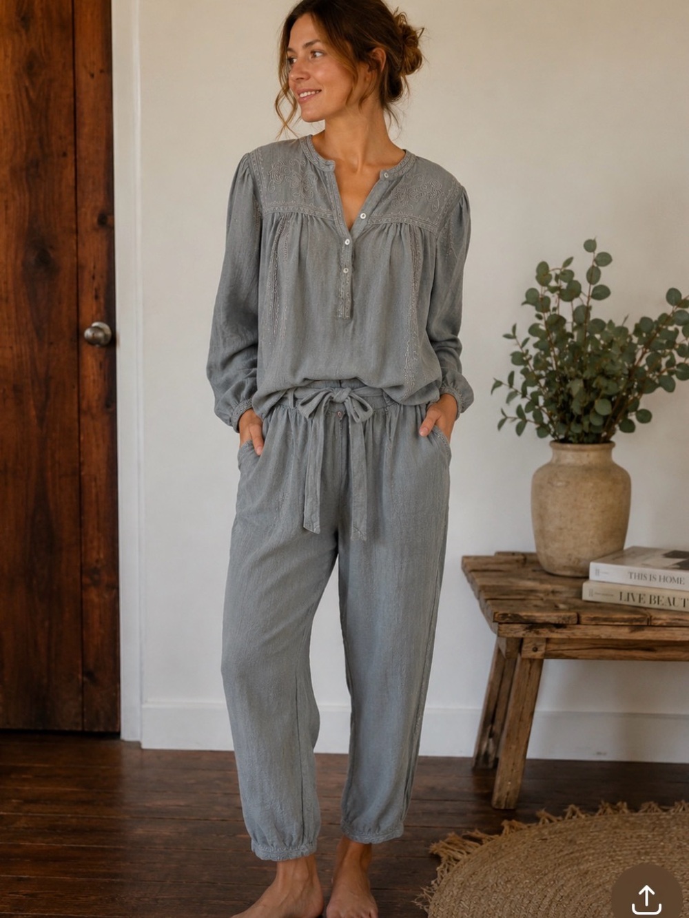 joie woven cotton embroidered long sleeve top and paper bag waist pants set